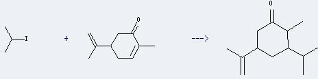 p-Mentha-6,8-dien-2-one can react with 2-iodo-propane to get 5-isopropenyl-3-isopropyl-2-methyl-cyclohexanone